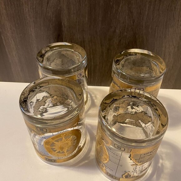 VTG Mid-Century Cera 22K Gold World Atlas Maps Double Old Fashioned Glasses (4) - Picture 2 of 9
